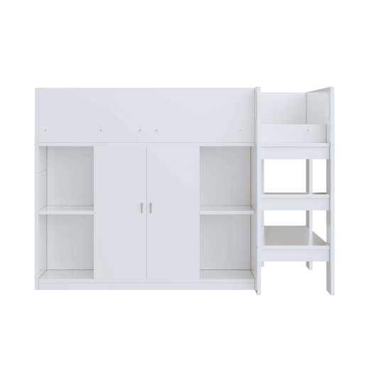 Cama alta multifuncional 90x200 - Com arrumação, armário e prateleiras, cama infantil com escada, estrutura resistente - Branco