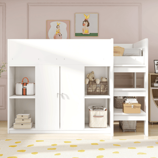 Cama alta multifuncional 90x200 - Com arrumação, armário e prateleiras, cama infantil com escada, estrutura resistente - Branco