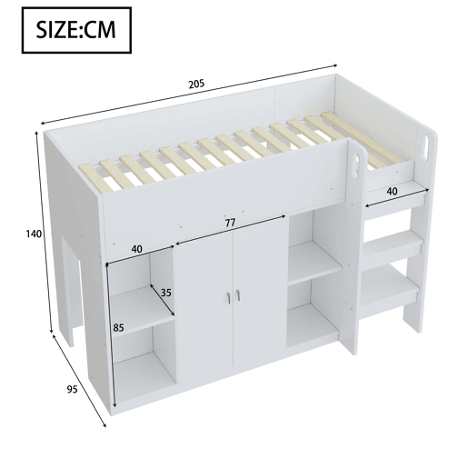 Cama alta multifuncional 90x200 - Com arrumação, armário e prateleiras, cama infantil com escada, estrutura resistente - Branco