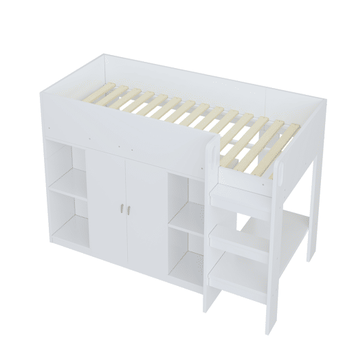 Cama alta multifuncional 90x200 - Com arrumação, armário e prateleiras, cama infantil com escada, estrutura resistente - Branco
