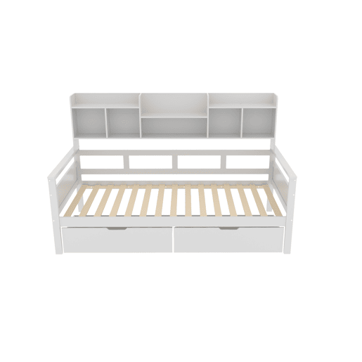 Sofá-cama 90x200 - Com gavetas e prateleiras, estrado, cama infantil, cama juvenil, cama individual, cama de madeira maciça - Branco