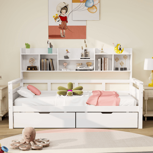 Sofá-cama 90x200 - Com gavetas e prateleiras, estrado, cama infantil, cama juvenil, cama individual, cama de madeira maciça - Branco