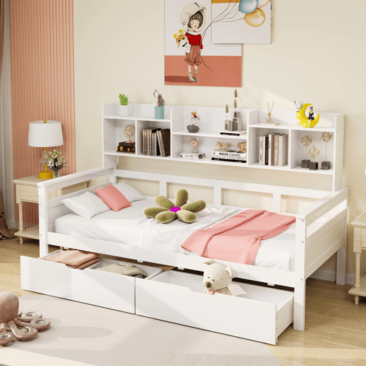 Sofá-cama 90x200 - Com gavetas e prateleiras, estrado, cama infantil, cama juvenil, cama individual, cama de madeira maciça - Branco