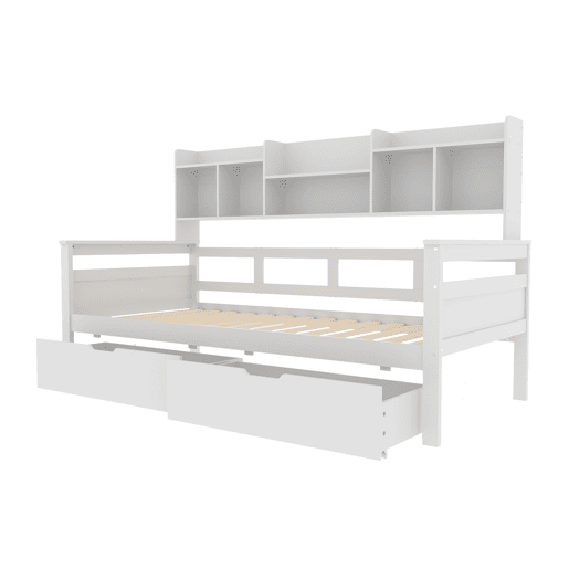 Sofá-cama 90x200 - Com gavetas e prateleiras, estrado, cama infantil, cama juvenil, cama individual, cama de madeira maciça - Branco