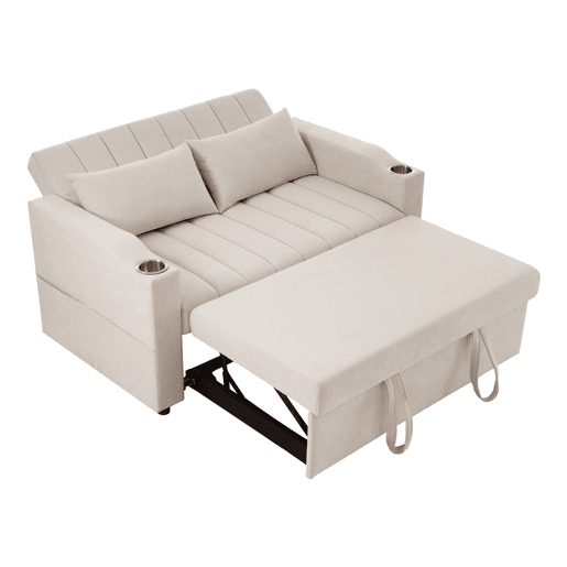 Sofá multifuncional moderno - Sofá-cama com função de descanso, encosto ajustável, com porta-copos e almofadas - Bege