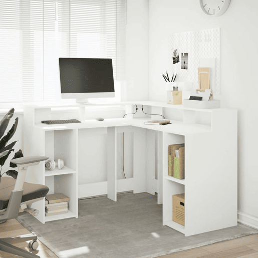 Secretária - Escrivaninha de computador c luzes LED 130x130x91 cm derivados madeira branco