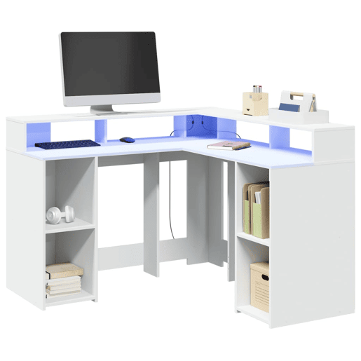 Secretária - Escrivaninha de computador c luzes LED 130x130x91 cm derivados madeira branco