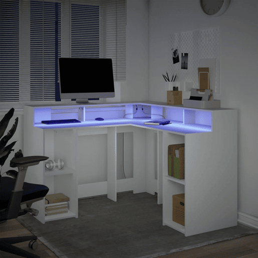 Secretária - Escrivaninha de computador c luzes LED 130x130x91 cm derivados madeira branco