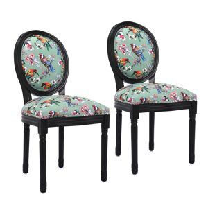 Par de cadeiras de jantar: estrutura preta, padrão de pássaros e flores em fundo verde - 56x50x94,5 cm - Inspiração asiática