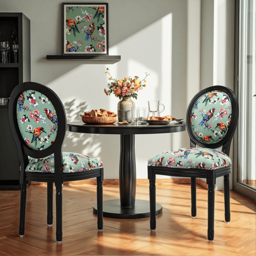 Par de cadeiras de jantar: estrutura preta, padrão de pássaros e flores em fundo verde - 56x50x94,5 cm - Inspiração asiática
