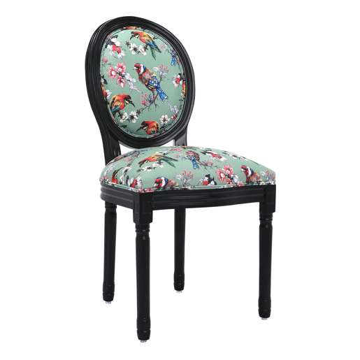 Par de cadeiras de jantar: estrutura preta, padrão de pássaros e flores em fundo verde - 56x50x94,5 cm - Inspiração asiática