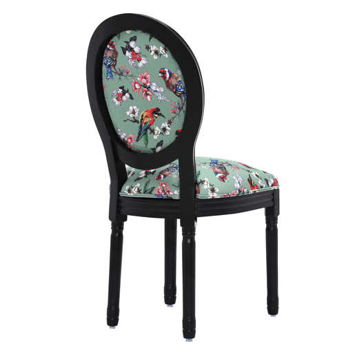 Par de cadeiras de jantar: estrutura preta, padrão de pássaros e flores em fundo verde - 56x50x94,5 cm - Inspiração asiática