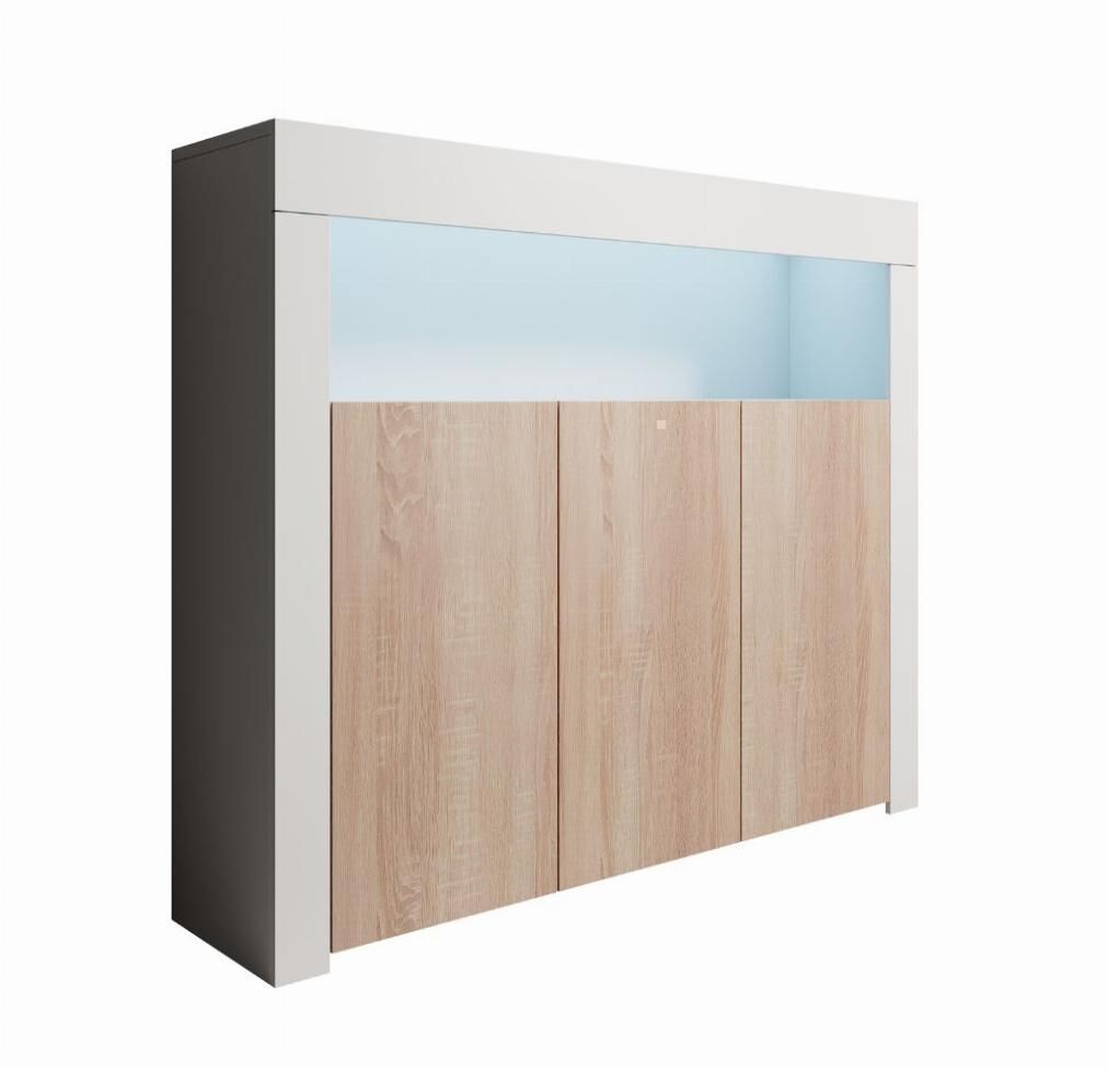 Aparador salón comedor blanco/sonoma 155x37x91,5 3 puertas led aker muebles bonitos