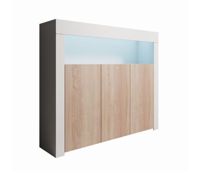 Aparador salón comedor blanco/sonoma 155x37x91,5 3 puertas led aker muebles bonitos