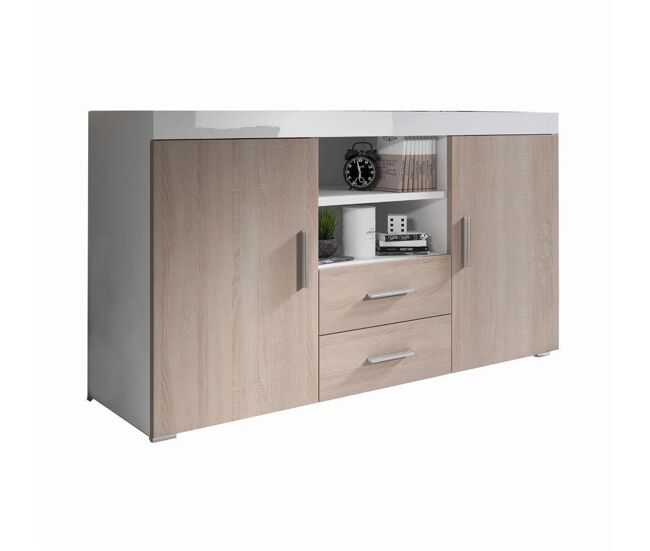 Aparador salón comedor blanco/sonoma 140x40x80 2 puertas 2 cajones roque muebles bonitos