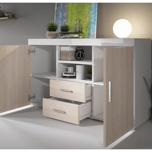Aparador Sala de estar e jantar BrancoSonoma 140x40x80 2 portas 2 gavetas Roque Muebles Bonitos