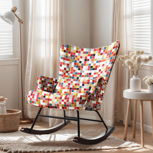 Cadeira de balanço HOMEMIYN: tecido de linho sintético, padrão de mosaico colorido - 91 x 67 x 86 cm