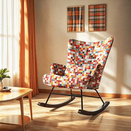 Cadeira de balanço HOMEMIYN: tecido de linho sintético, padrão de mosaico colorido - 91 x 67 x 86 cm