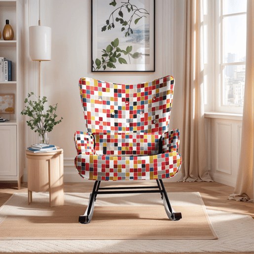 Cadeira de balanço HOMEMIYN: tecido de linho sintético, padrão de mosaico colorido - 91 x 67 x 86 cm