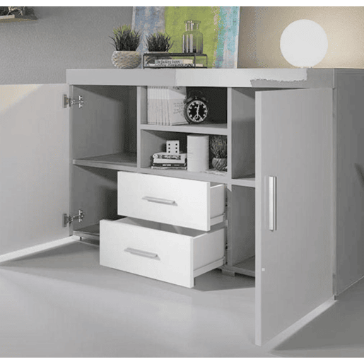Aparador Sala de estar e jantar CinzentoBranco 140x40x80 2 portas 2 gavetas Roque Muebles Bonitos