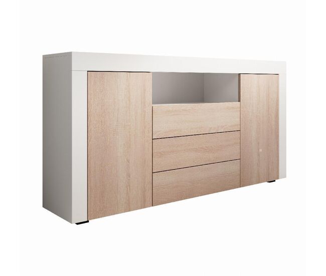 Aparador salón comedor blanco/sonoma 160x35x72 2 puertas 3 cajones yanis muebles bonitos