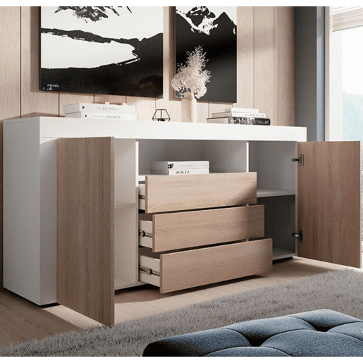 Aparador Sala de estar e jantar BrancoSonoma 160x35x72 2 portas 3 gavetas Yanis Muebles Bonitos