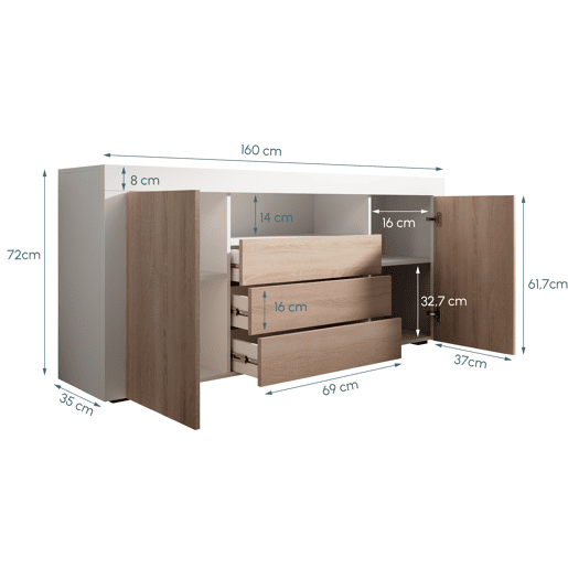 Aparador Sala de estar e jantar BrancoSonoma 160x35x72 2 portas 3 gavetas Yanis Muebles Bonitos