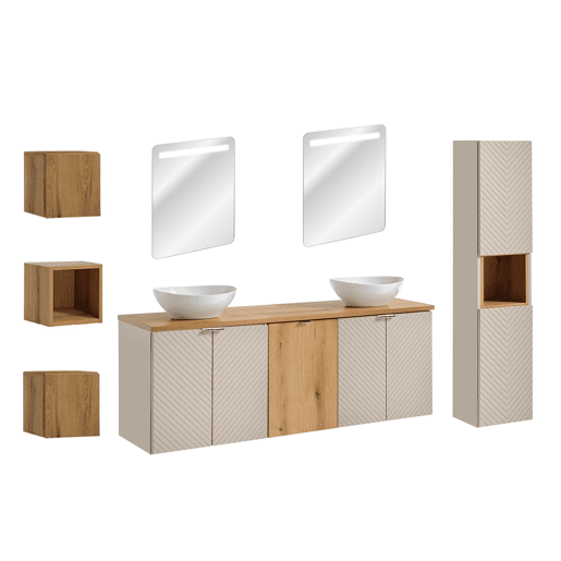 Conjunto móvel de toucador duplo 160cm 4 portas espelhados LED e 3 armários de parede Manoa Caxemira e Madeira