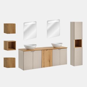 Conjunto móvel de toucador duplo 160cm 4 portas espelhados LED e 3 armários de parede Manoa Caxemira e Madeira