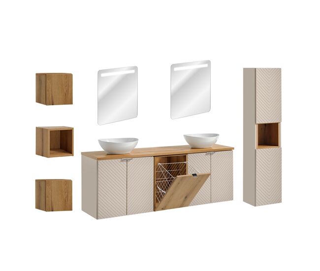 Conjunto mueble lavabo doble 160 cm 4 puertas espejos led columna y 3 armarios murales manoa cachemira y madera