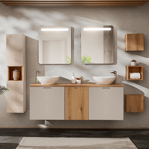 Conjunto móvel de toucador duplo 160cm 4 portas espelhados LED e 3 armários de parede Manoa Caxemira e Madeira