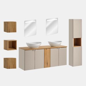 Conjunto móvel de lavatório duplo 140cm 5 portas espelhados LED e 3 armários de parede Manoa Caxemira e Madeira