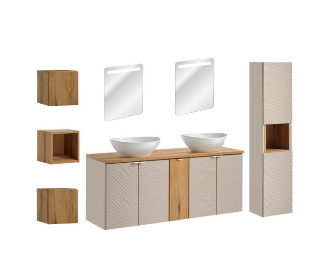 Conjunto mueble lavabo doble 140cm 5 puertas espejos led columna y 3 armarios murales manoa cachemira y madera