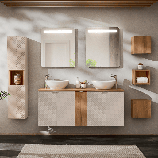 Conjunto móvel de lavatório duplo 140cm 5 portas espelhados LED e 3 armários de parede Manoa Caxemira e Madeira