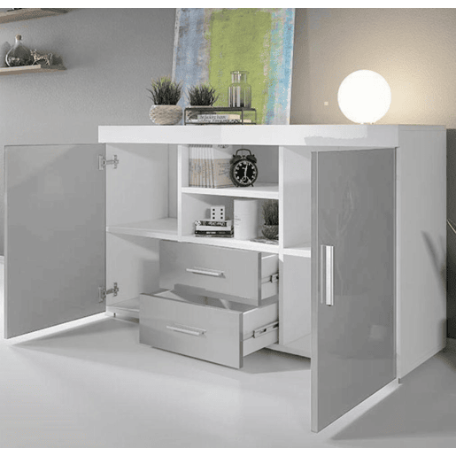 Aparador Sala de estar e jantar BrancoCinzento 140x40x80 2 portas 2 gavetas Roque Muebles Bonitos