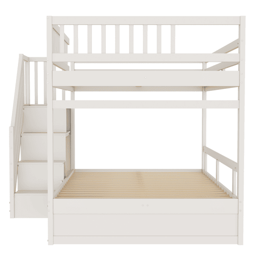 Cama beliche 140*200 cm - Com grade de segurança alta, com estrado, escada de segurança com arrumação, com gavetas de arrumação - Branco