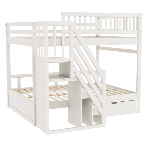 Cama beliche 140*200 cm - Com grade de segurança alta, com estrado, escada de segurança com arrumação, com gavetas de arrumação - Branco