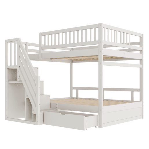 Cama beliche 140*200 cm - Com grade de segurança alta, com estrado, escada de segurança com arrumação, com gavetas de arrumação - Branco