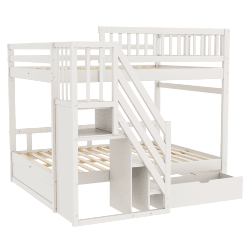 Cama beliche 140*200 cm - Com grade de segurança alta, com estrado, escada de segurança com arrumação, com gavetas de arrumação - Branco