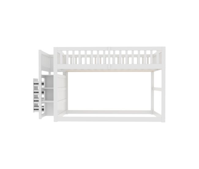 Cama litera baja 140x200 cm - cama de seguridad con almacenamiento, diseño de barandilla alta - blanco