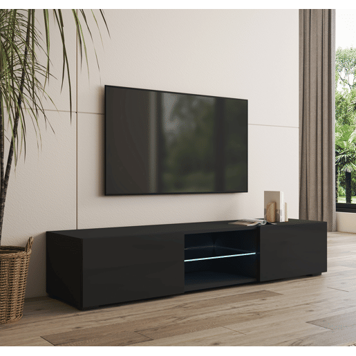 Móvel TV Sala de estar e jantar Preto 160x38,5x32 2 portas LED Tibi Muebles Bonitos