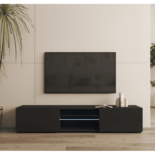 Móvel TV Sala de estar e jantar Preto 160x38,5x32 2 portas LED Tibi Muebles Bonitos