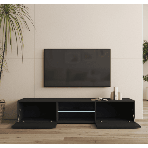 Móvel TV Sala de estar e jantar Preto 160x38,5x32 2 portas LED Tibi Muebles Bonitos