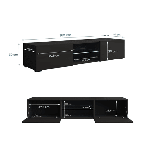 Móvel TV Sala de estar e jantar Preto 160x38,5x32 2 portas LED Tibi Muebles Bonitos