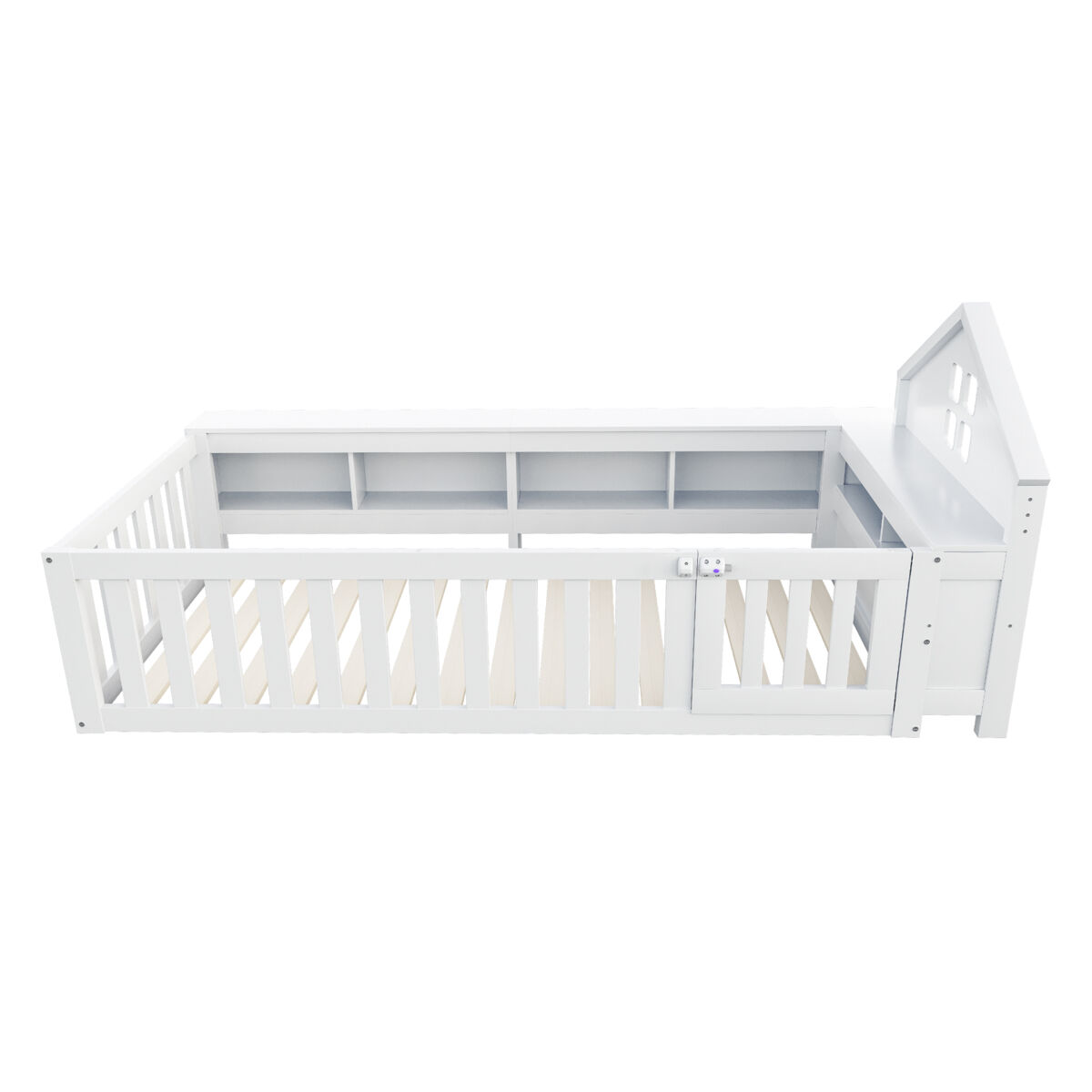 Cama infantil 90x200 cm - con tejado, ventana, almacenamiento, barandilla de seguridad y puerta - blanco