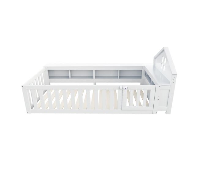 Cama infantil 90x200 cm - con tejado, ventana, almacenamiento, barandilla de seguridad y puerta - blanco