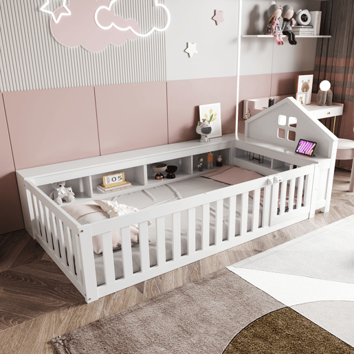 Cama infantil 90x200 cm - Com telhado, janela, arrumação, grade de segurança e porta - Branca