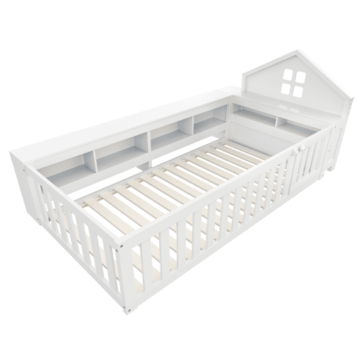 Cama infantil 90x200 cm - Com telhado, janela, arrumação, grade de segurança e porta - Branca