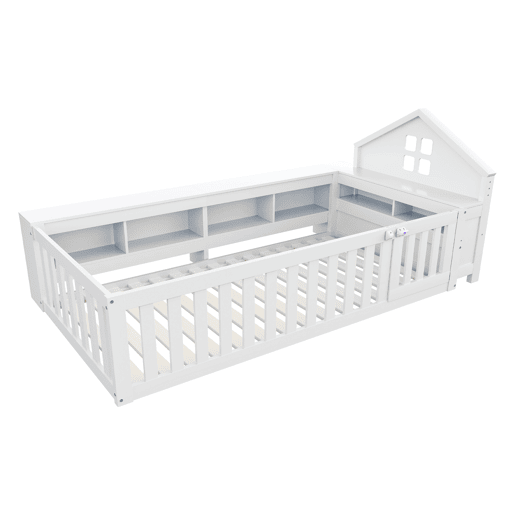 Cama infantil 90x200 cm - Com telhado, janela, arrumação, grade de segurança e porta - Branca