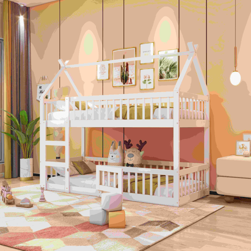 Beliche infantil 90x200 - Beliche com escada, design loft, estrutura em madeira maciça - Branco